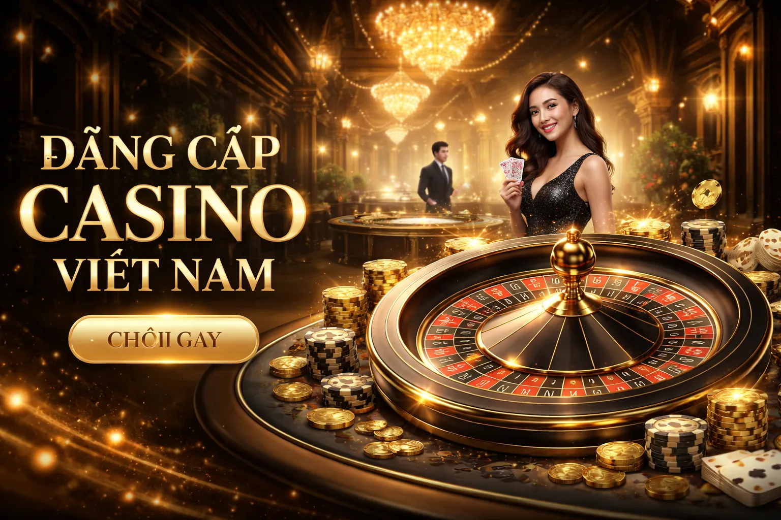 Gà chọi da ga c4 đứng trên nền sảnh game bài trực tuyến xa hoa với ánh đèn vàng lấp lánh